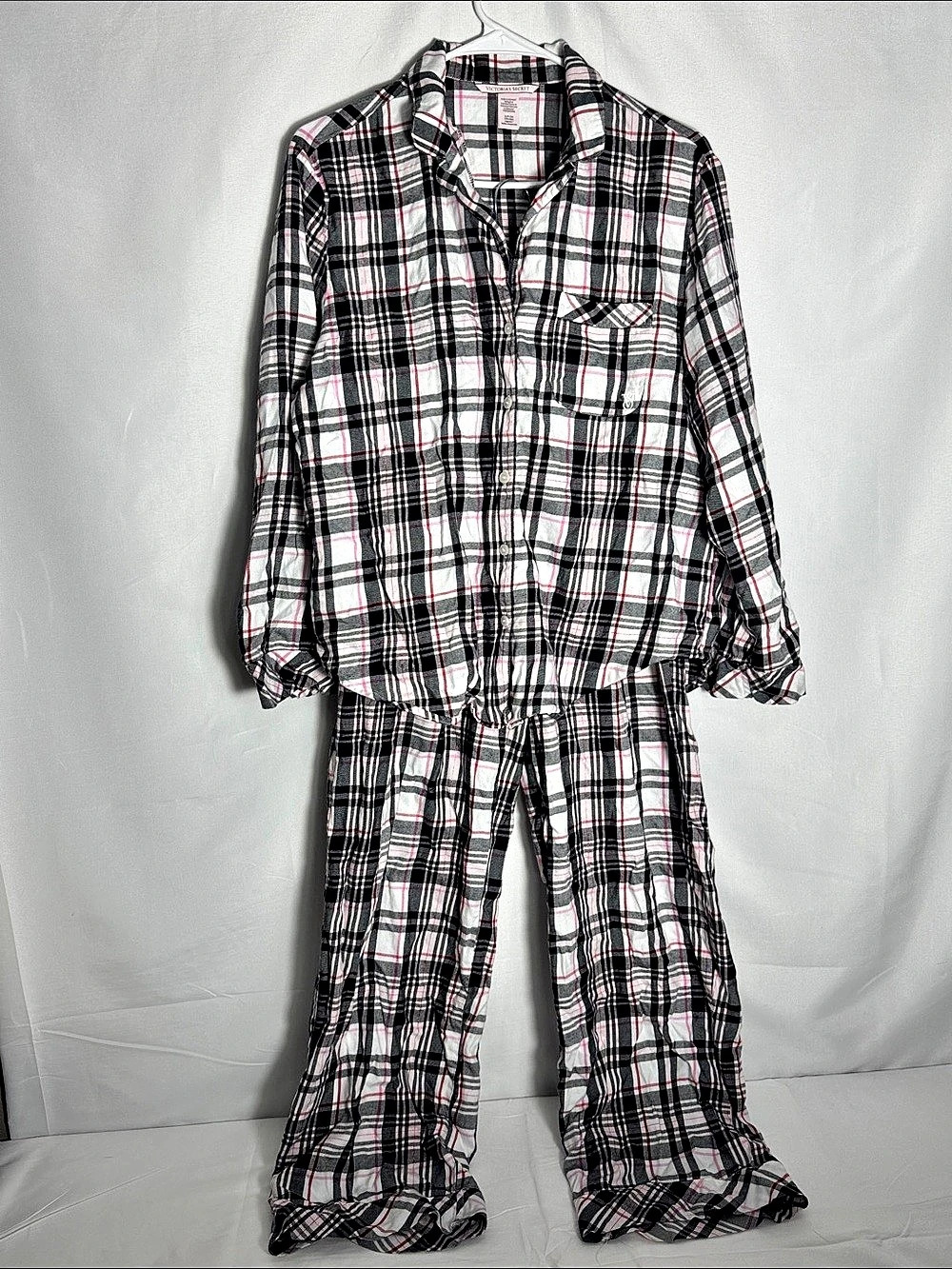 Victoria's Secret Plaid Flannel Pajama Set Pink, Black, And White Small